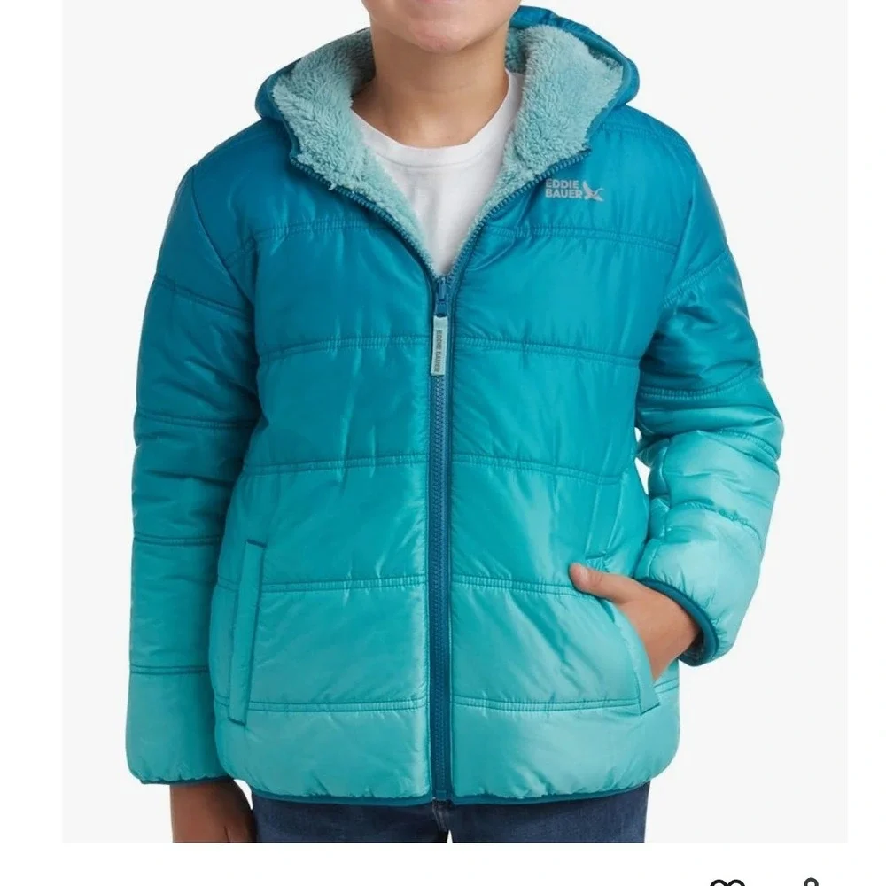 Eddie Bauer Youth Reversible Puffer Jacket  Pink Purple Ombre Fleece M 10 12